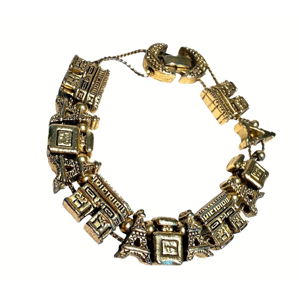 Vintage Gold Tone Paris France Theme Travel Souvenir Multi Charm Link Bracelet